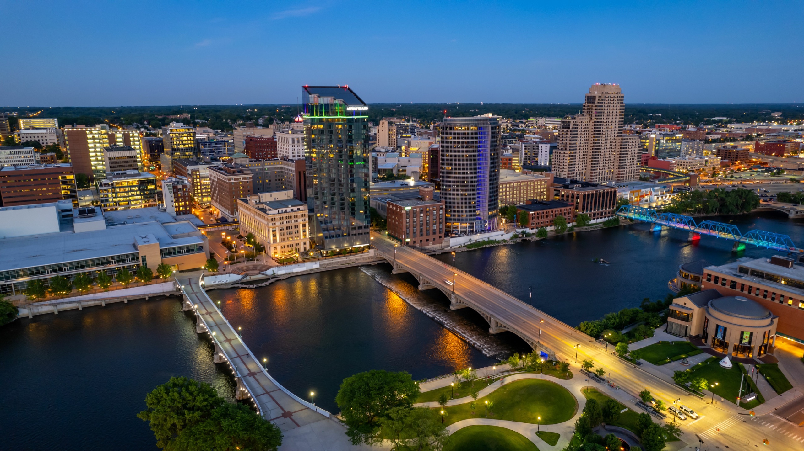 Downtown Grand Rapids, Michigan, along the Grand River at dusk